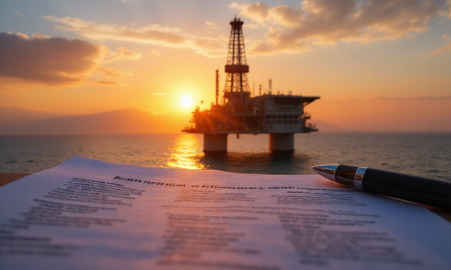 Oil rig at sunset with legal documents overlay